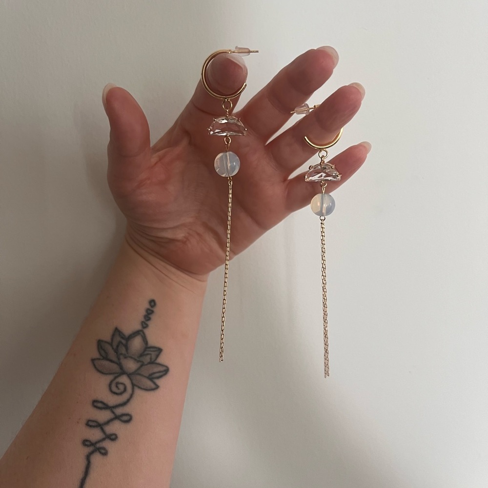 Crystal and moonstone drop chandelier gold plated earrings
